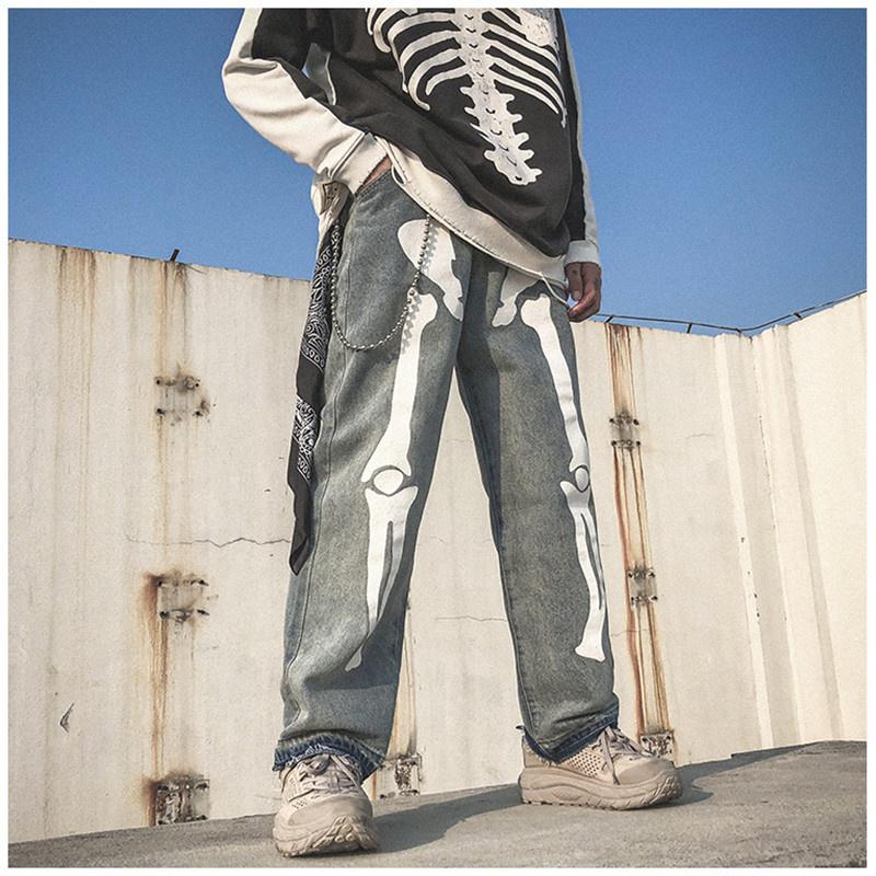 

Men' Pants Loose Jeans Men Cool Graffiti Print Reflective Fashion Retro Baggy Hip Hop High Street Casual Pant Streetwear Males