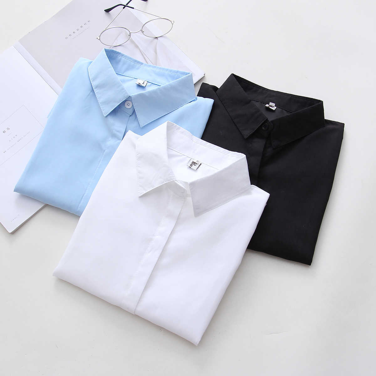 

Chic Women Long Sleeve Sweet turn down Collar Blouses Solid Casual Retro Sweet Button Blouses Autumn Blouse Tops Shirt 210604, White