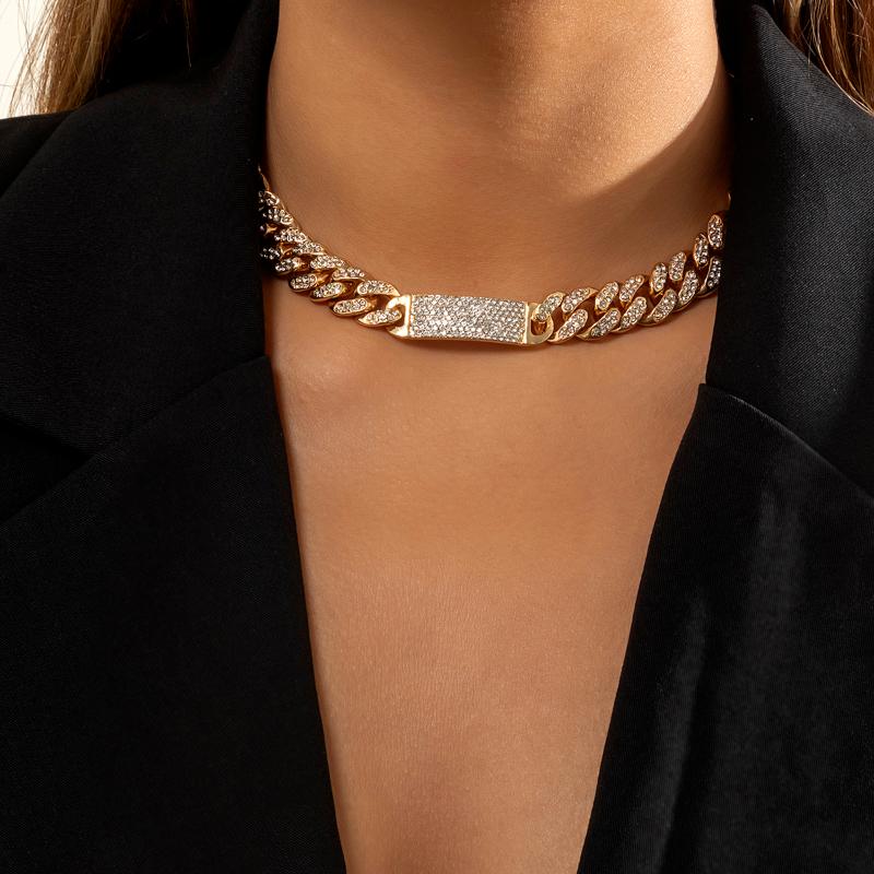 

Pendant Necklaces Miami Cuban Luxury Iced Out Rhinestone Chain Choker Necklace For Women/Men Curb Link Full Wedding Jewelry
