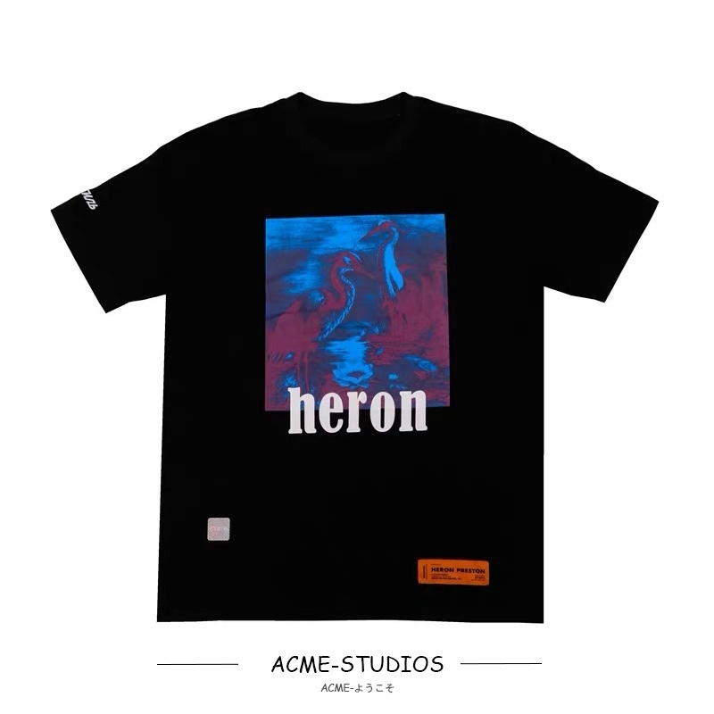 

Correct version Heron crane short sleeve phantom gradient HP embroidery letter Heron T-shirt, Black