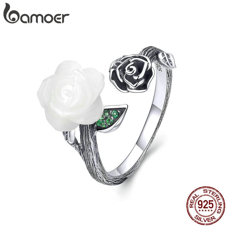 

Cluster Rings BAMOER White Rose Ring Silver 925 Vintage Pure Shell Flower Open Finger For Women Original Design GAR012, Golden;silver