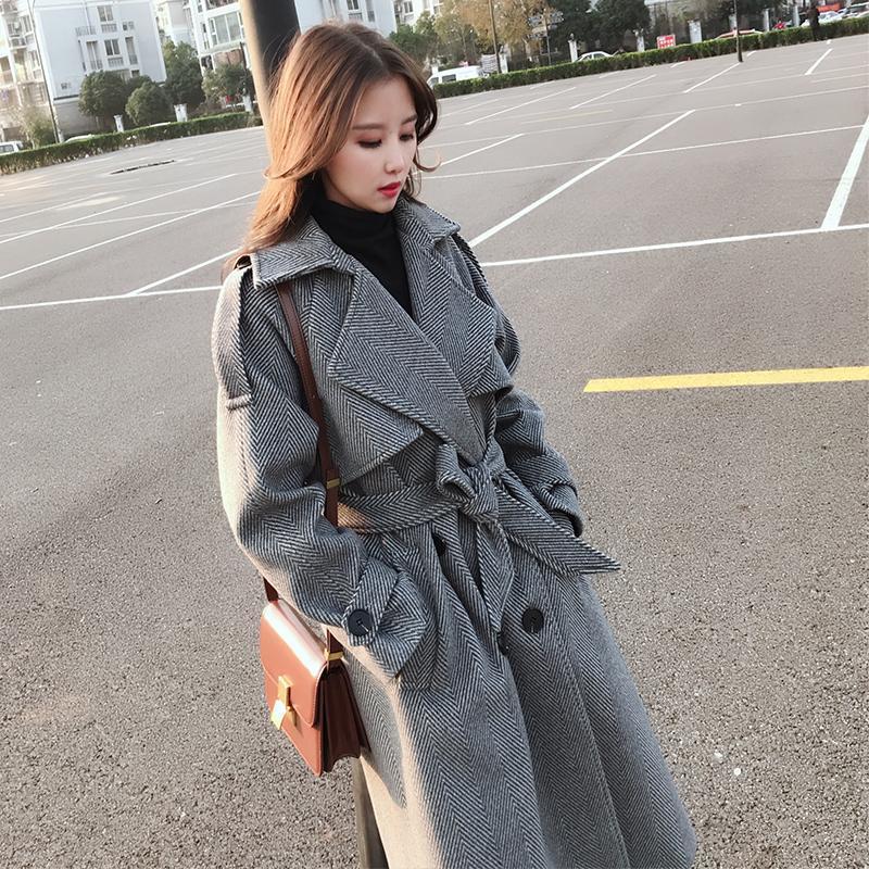 

Women's Wool & Blends 2021 Autumn Winter Thick Woolen Coat Women England Style Long Overcoat Female Double Breasted Loose Trench, Gray