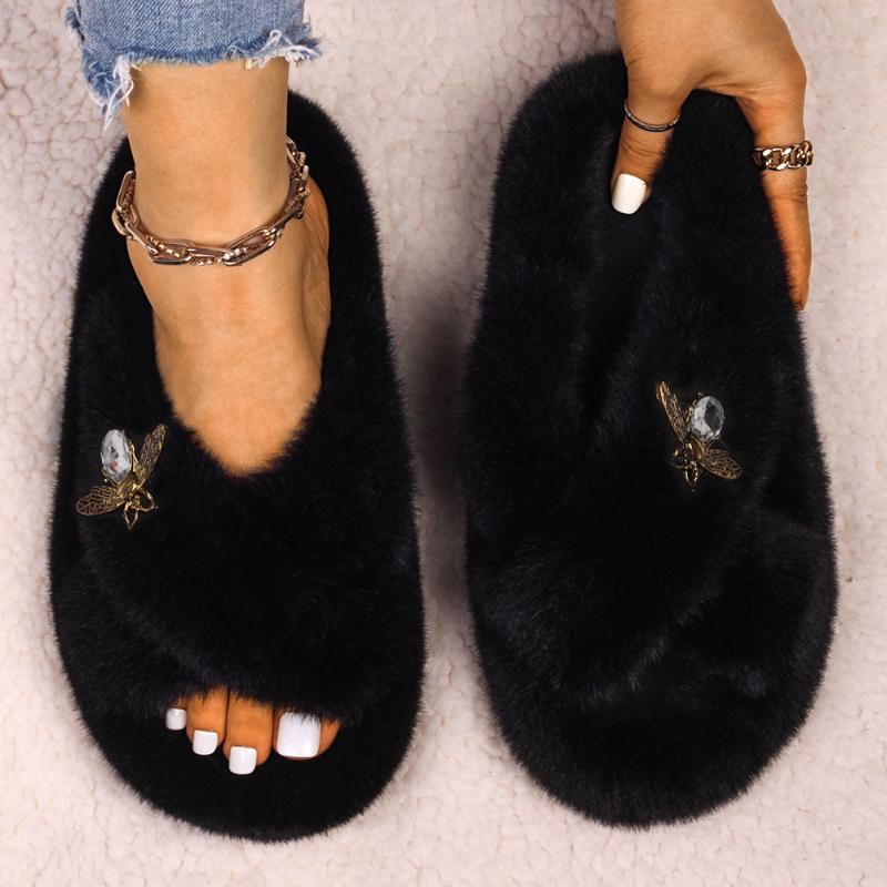 

Slippers Fluffy Women Rhinestone Insect Faux Fur Slides Ladies Flip Flop Luxury Sandals Winter Warm Female Casual Shoes, Black