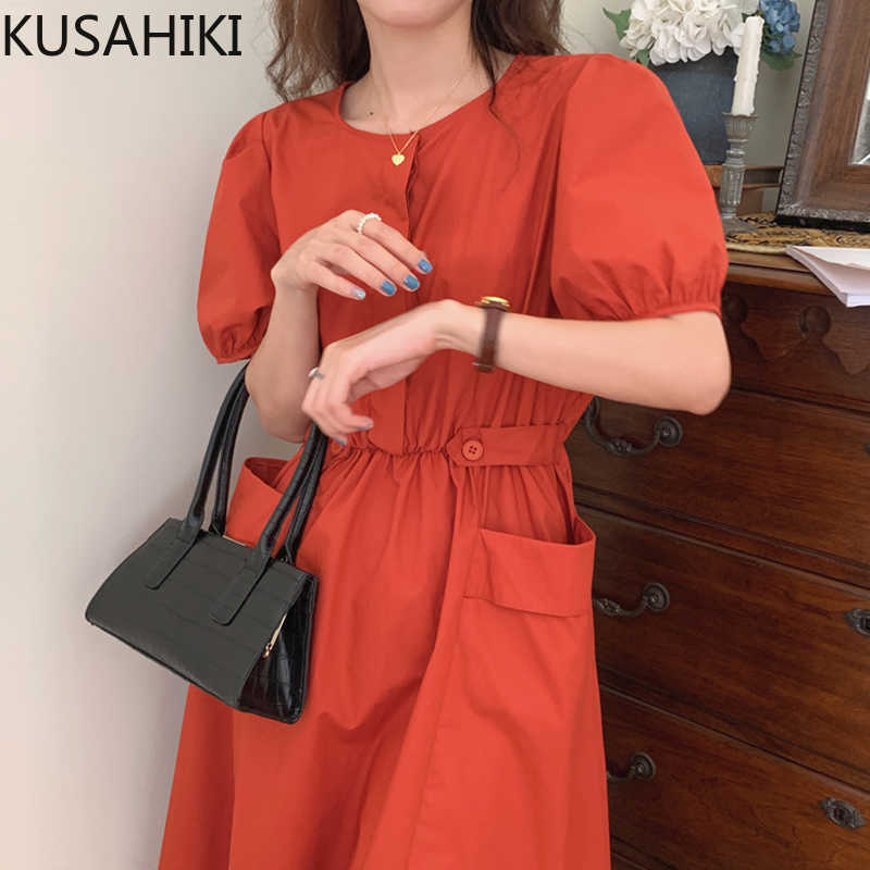 

KUSAHIKI Chic Elegant Pockets Dresses Korean Puff Sleeve O-neck Woman Dress Causal Buttons Slim Waist Vestidos Feminimos 6J640 210602, Red