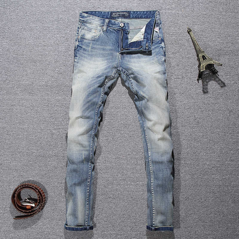 

Italian Fashion Men Jeans Retro Light Gray Blue Distred Ripped Elastic Cotton Slim Fit Vintage Designer Denim Pants