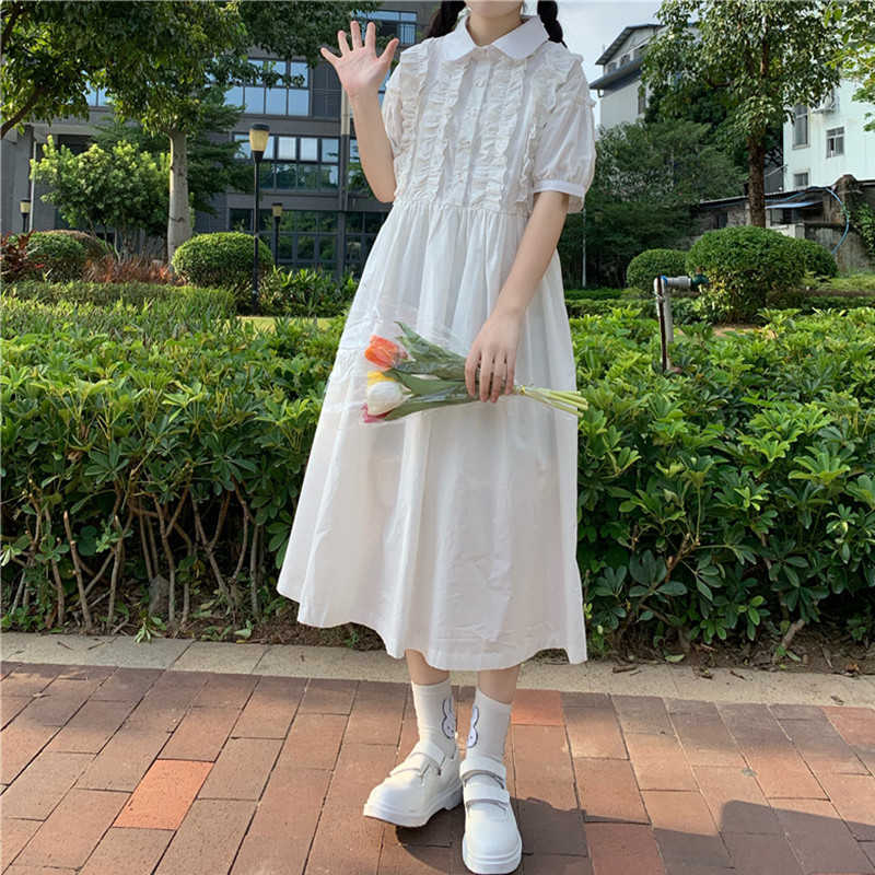 Casual Dresses Summer Women Long Midi Japanese Kawaii Soft Girl High Waist Peter Pan Collar Chest Frilly Sleeve White Black EQRF-image-702451966