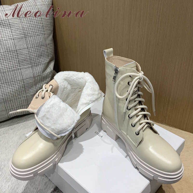 

Meotina Real Leather Motorcycle Boots Woman Platform High Heel Ankle Boots Zipper Block Heel Shoes Lace Up Short Boots Ladies 40 210608, Black