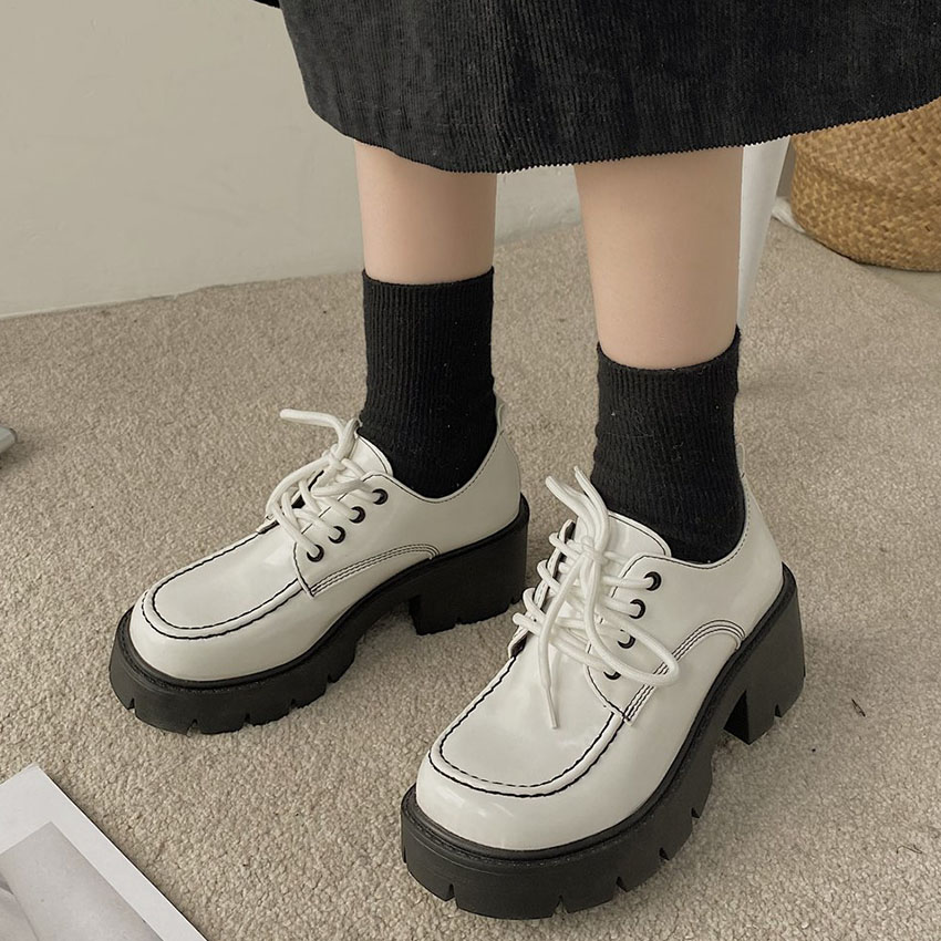 

Ladies Leather Shoes Platform Heel Women Shoes Luxury Brand High Quality Women Oxford Casual Shoes Womens lolita, White
