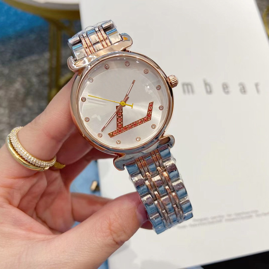 

Fashion Brand Watches for Women Lady Girls Crystal Big letters style Steel band Quartz wrist Watch L38, Slivery;brown