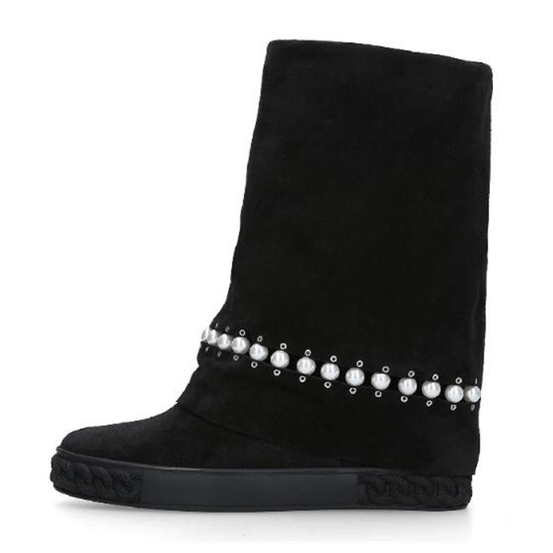 

boots spring occasional black woman solid string of the granule pearls eight centimeters crescent height wedge heel mid-calf and wheel slide