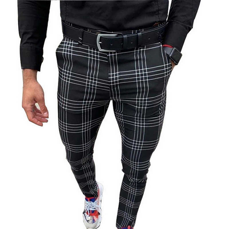 

Men' Large Plaid Stripe Casual Pants Social Slim Fit Black Trousers Zipper Mid Waist Skinny Business Male Spring Stretchy 210616, Gray