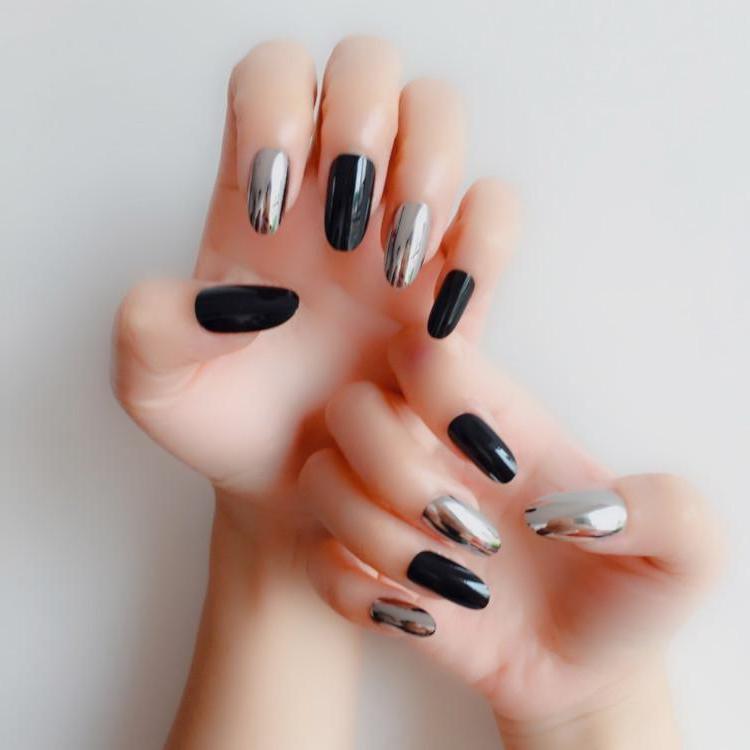 24pcs/set Punk Style Metallic Black False Fake Nails Metal Plating Acrylic Short Reflective Mirror Press on Nail Art Tips-image-691807548