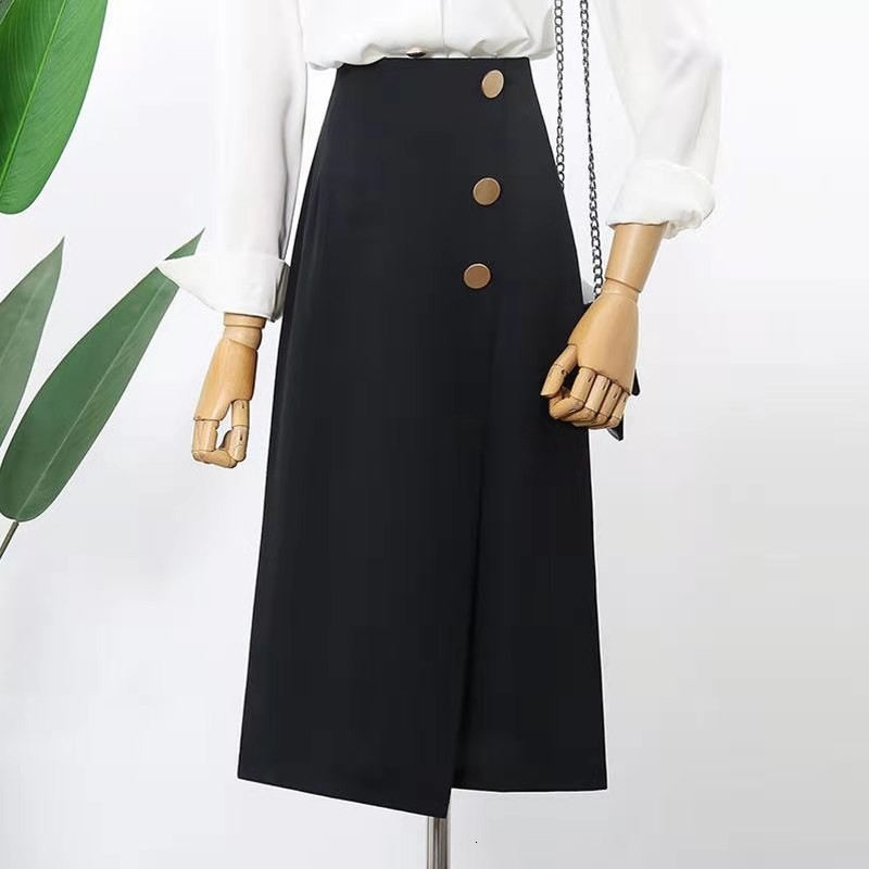 

Skirts 2021 Arrival Spring Korean Style Women Casual Button Design A-line Skirt Slim High Waist Asymmetry Mid-calf W103 Y4FG, Black