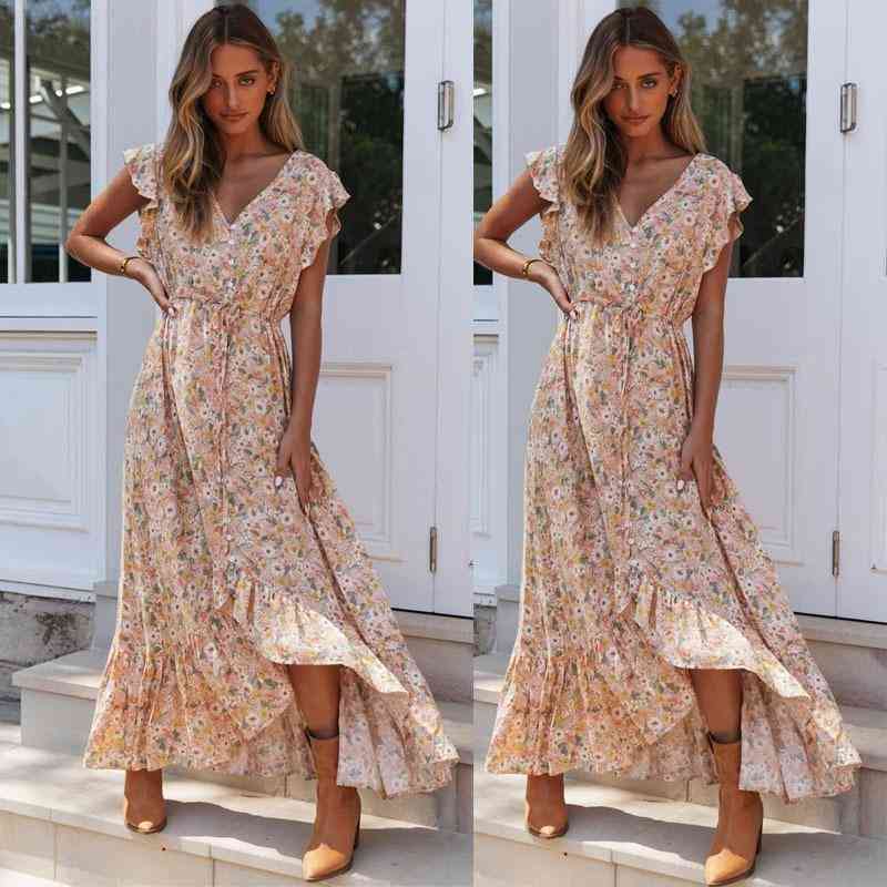 

Women Dress V Neck Short Sleeve Bohemia Sexy Long Print Floral Maxi Ruffles Lace Up es 210524, Printed