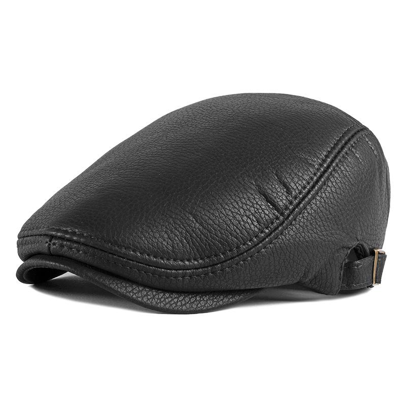 

Berets Men's Outdoor PU Leather Hat Winter Male Warm Cap Dad Wholesale Leisure Bone Fleece Sboy Men, Black