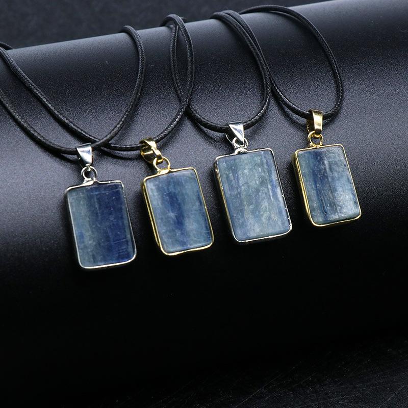 

Reiki Healing Jewelry Natural Stone Necklace Rectangle Pendulum Rock Blue Crystal Kyanite Quartz Choker For Women Pendant Necklaces, Silver