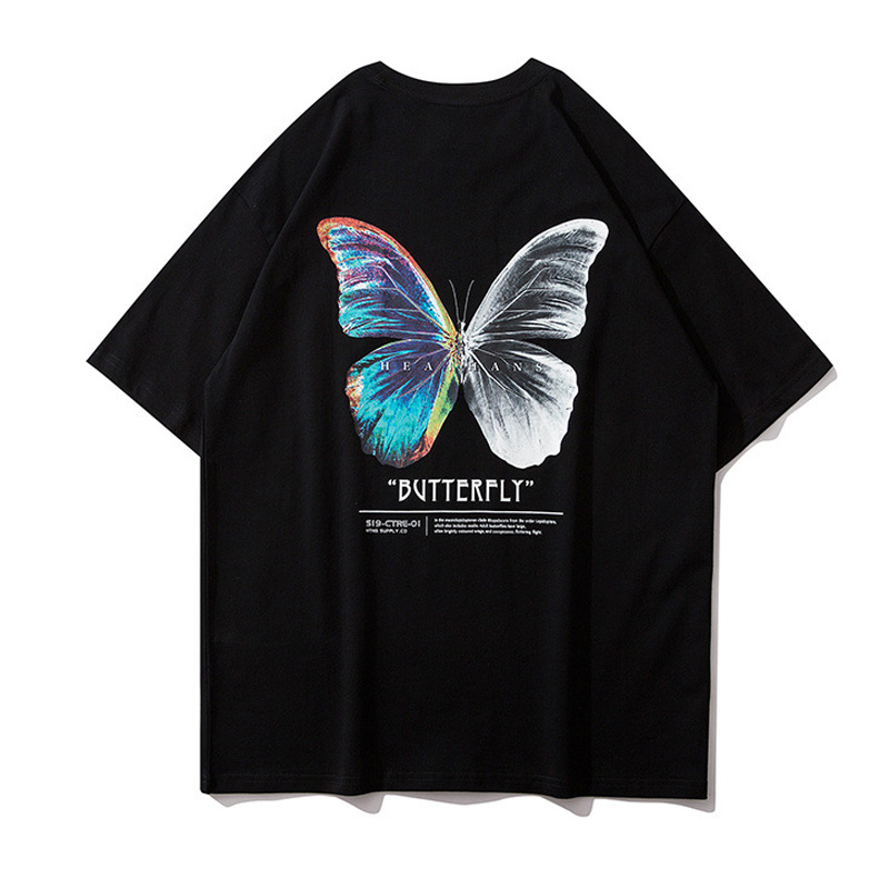 

Oversized Hip Hop T-shirt Men Cotton Short Sleeve Harajuku Butterfly Casual Streetwear Loose Men Tops Tees, White