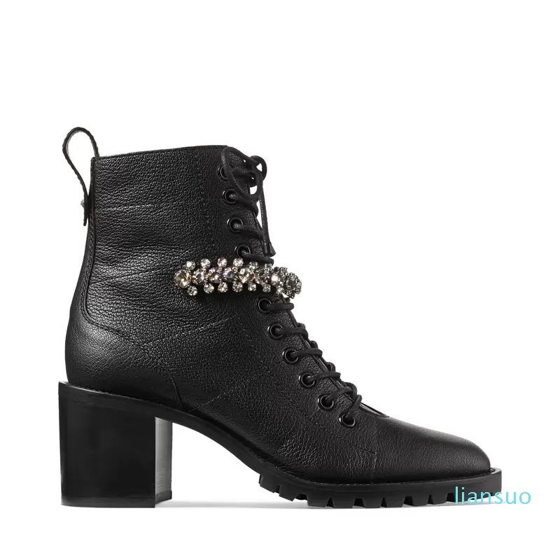 

JIMMYs CHOOs Fashion Season Shoes London Boots Cruz 65 Black Grained Leather Lace-up Combat Boots With Crystal cME