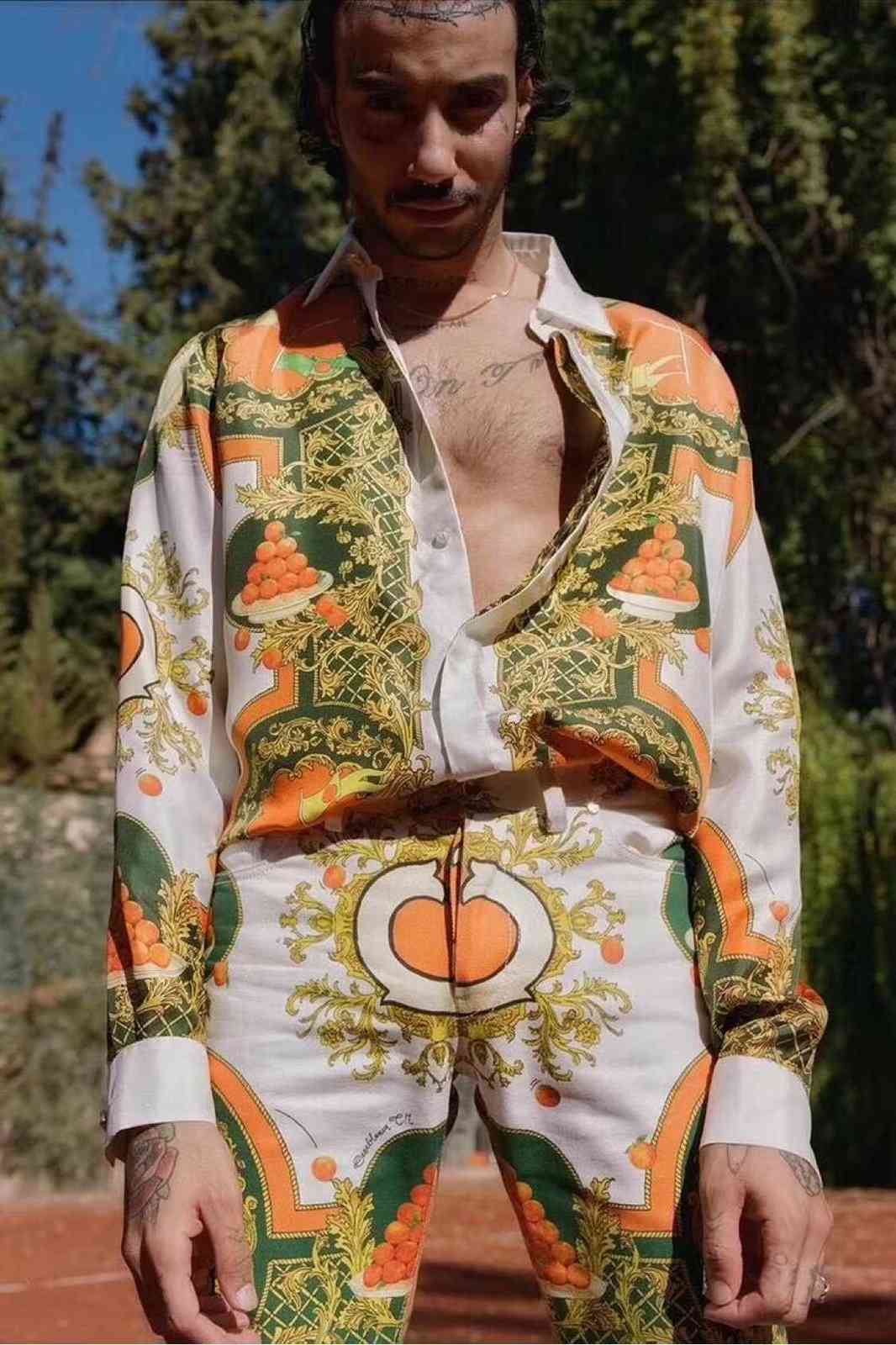 

New Casablanca oranges silk high street lazy wind orange printed long sleeve shirt, As shown in figure