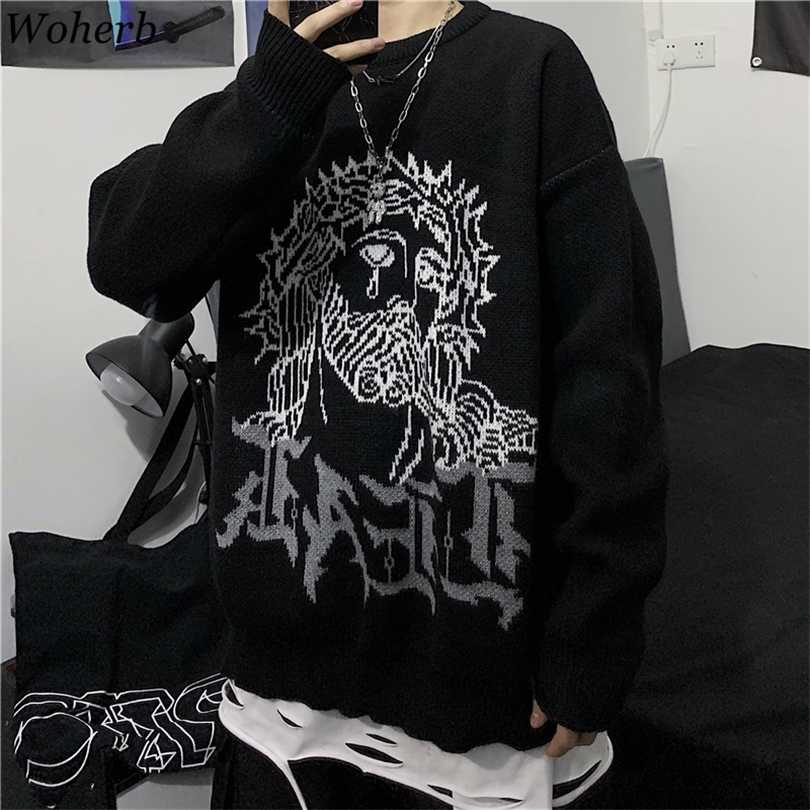 

Woherb Harajuku Sweater Women Man Punk Streetwear Jacquard Print Knitted Pullover Korean Fashion Pull Jumper Unisex Autumn 211018, Black