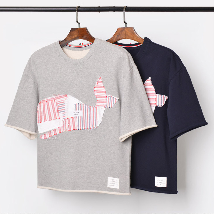 

2021 Fashion Tb Thom Brand T-shirt Men Patch Hole Loose Men's Clothing Hip Hop Summer Bat Sleeve Cotton Patchwork Shirts, Gray