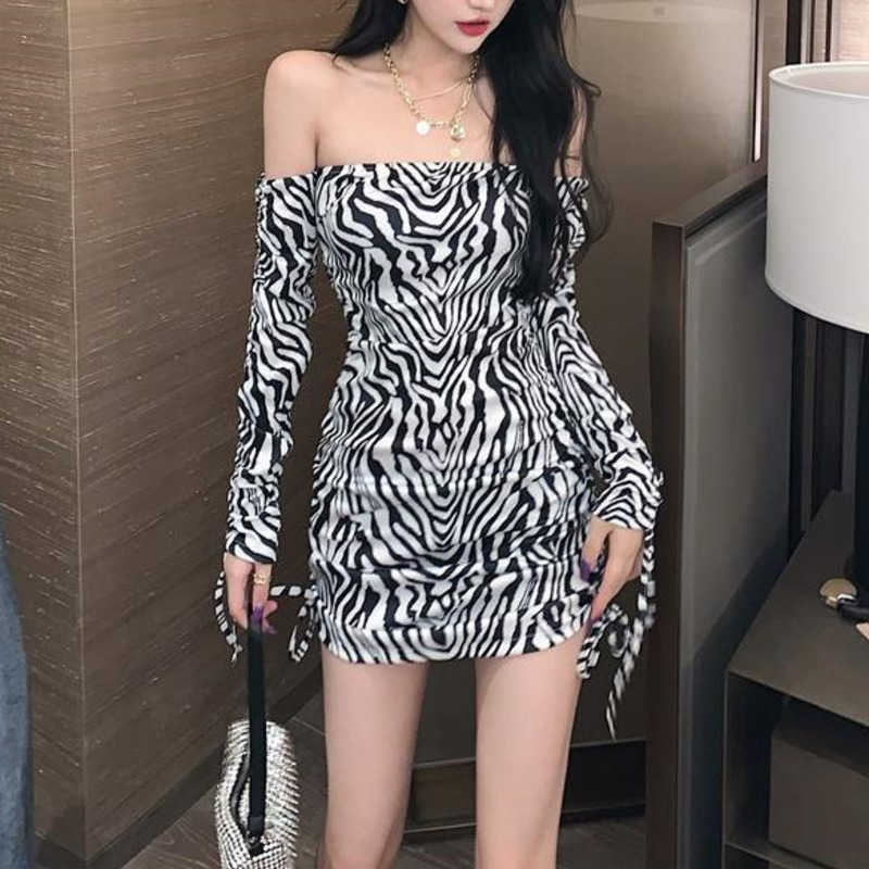 

Folds Temperament Slim Summer Top Sexy Strapless Slash Neck Long Sleeve Leopard Zebra Pattern Drawstring Dres's WZ6O 210603