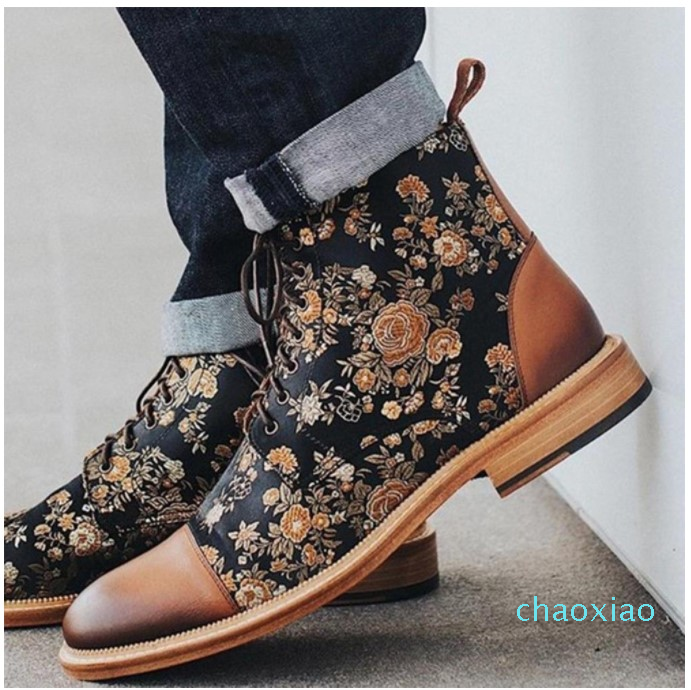 

MRCAVE Men Boots Fashion Round Toe Botas Lace Up Pu Leather Shoes Zapatos De Hombre Winter Mens Booties Floral Print Ankle Boots 201127, Black