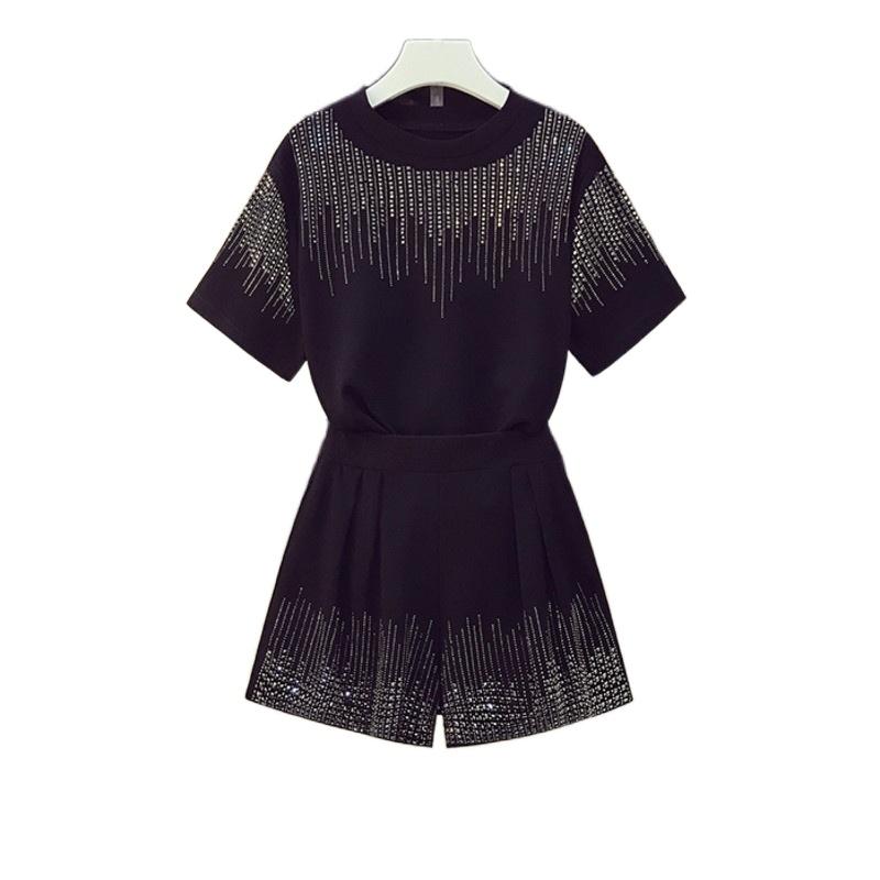 

Women's Tracksuits Summer Tacksuits Women Sinny Drilling Sequined Short Sleeve Tshirt And Shorts Suits Female Casual Two Piece Outfits, Black