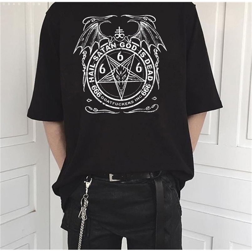 

HAHAYULE-JBH Hail Satan God Is Dead Printed T Shirt Dark Style Gothic Tees Man Women Short Sleeve Street Outfits 210708, Black
