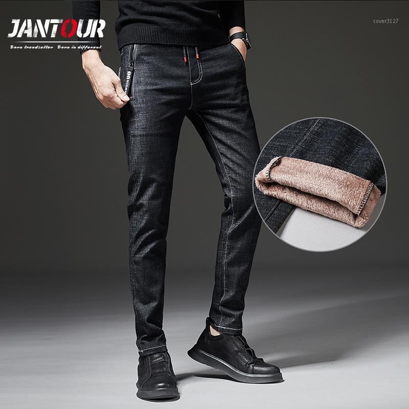 

Men's Jeans Jantour Winter Warm Classic Anti-theft Pocket Thicken Denim Slim Fit BlackJean Pants Male Business Blue Trousers 38