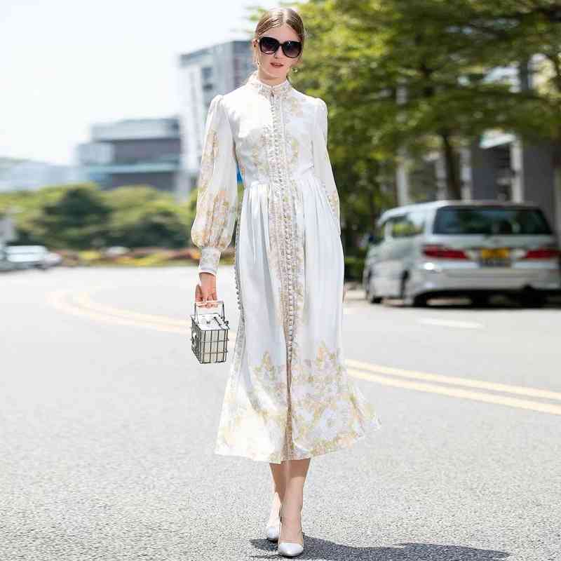 Runway Dresses ZIM latest heavy industry bag buckle small stand collar floral split fork dress FJVB-image-689887749
