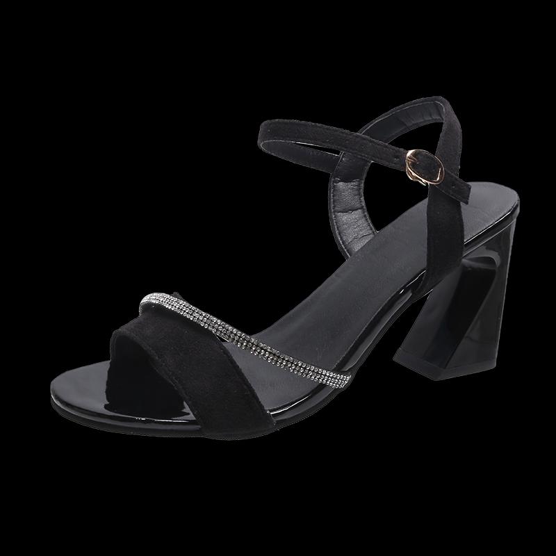 

Mature Women's Sandals Simple Vamp Fashion All-match Rhinestone Decoration Elegant Sexy Classic With Heel 2021, Black 6 cm