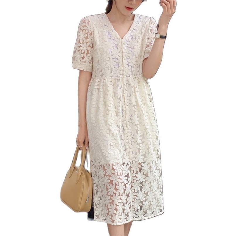 

Vintage lace hollow crochet V-neck single-breasted dress summer fashion women's clothing 210520, Apricot