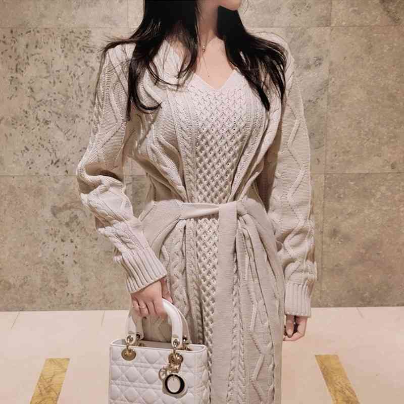 

ZAWFL Vintage Autumn V-neck Women Twisted Sweater Dress Chic Full Sleeve Warm Lace-up Slim Corduroy Female A-line 210603, Picture color