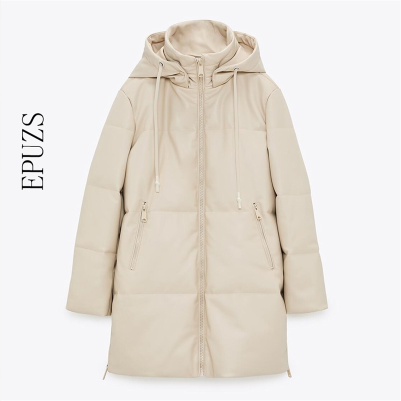 

Winter coat Hooded Padded PU parka women Faux leather down jacket female loose zipper overcoat casual warm long coats 210521, Blue