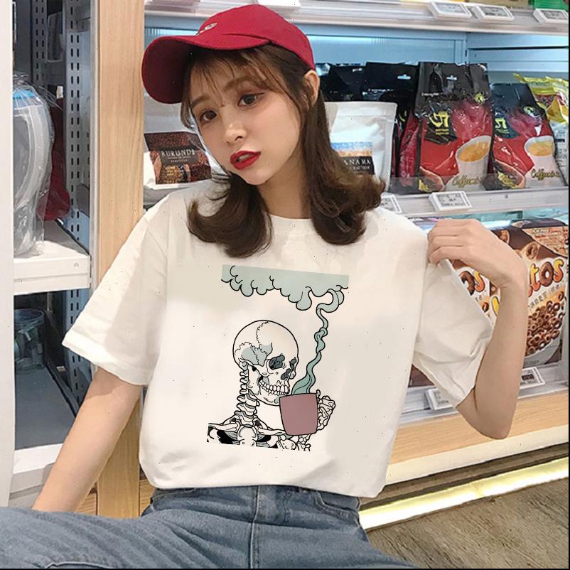 

kawaii horro skull drink coffee women femal cartoon tees casual harajuku short sleeve, White