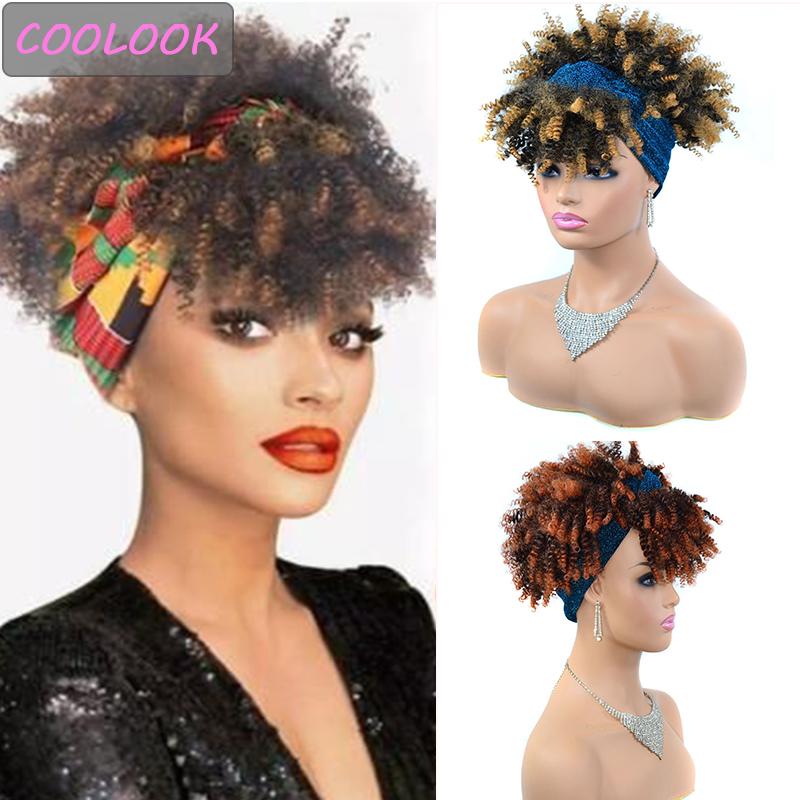 

Synthetic Wigs Short Afro Curly Scarf Headband Wig 10'' Omber Kinky For Black Women Burgundy Red Blond Cosplay
