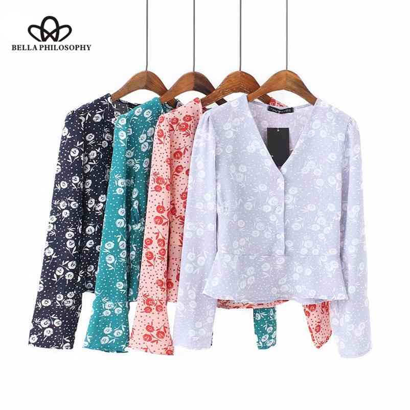 

vintage floral print sexy blouse casual long sleeve deep v-neck beach shirt women tops mujer fashion 210519, Green