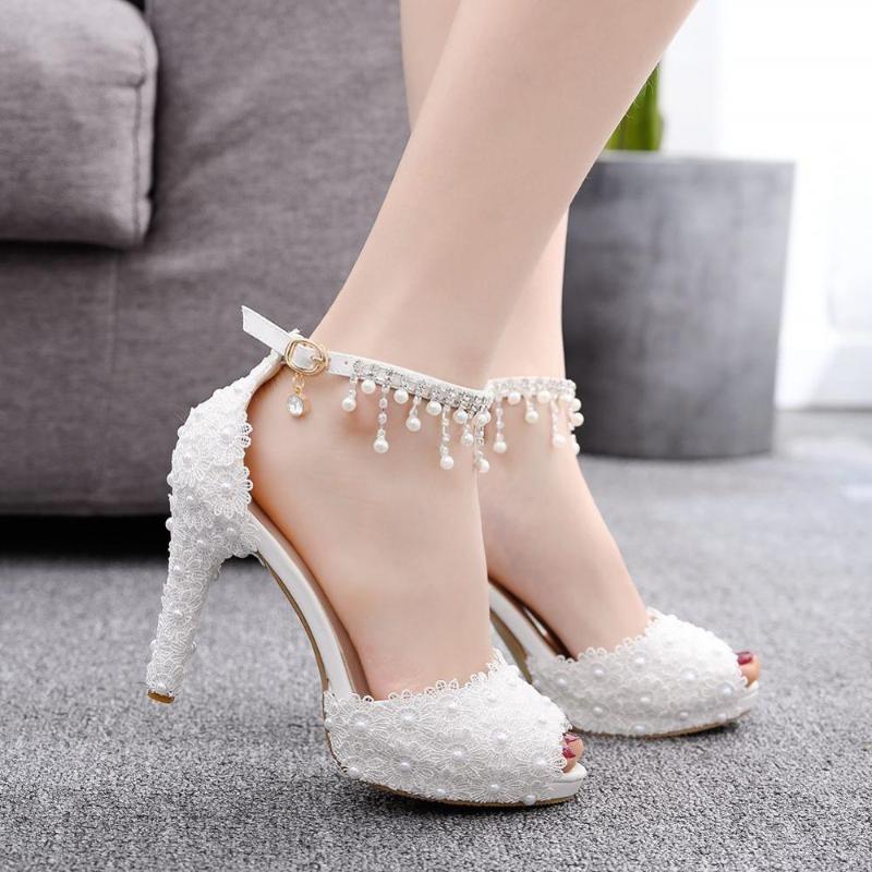 

Dress Shoes 2021 Women Wedding High Heels Platform Sandals White Lace Fashion Party Pumps Pointed Toe Peep Wedges Ankle Strap, 10cm heel