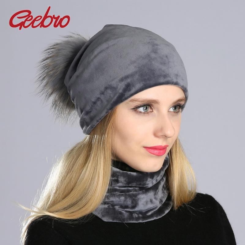 

beanie/skull caps geebro fashion women winter warm with colorful pompom beanies hats and neck scarf casual velvet polyester soft casp bonnet, Blue;gray