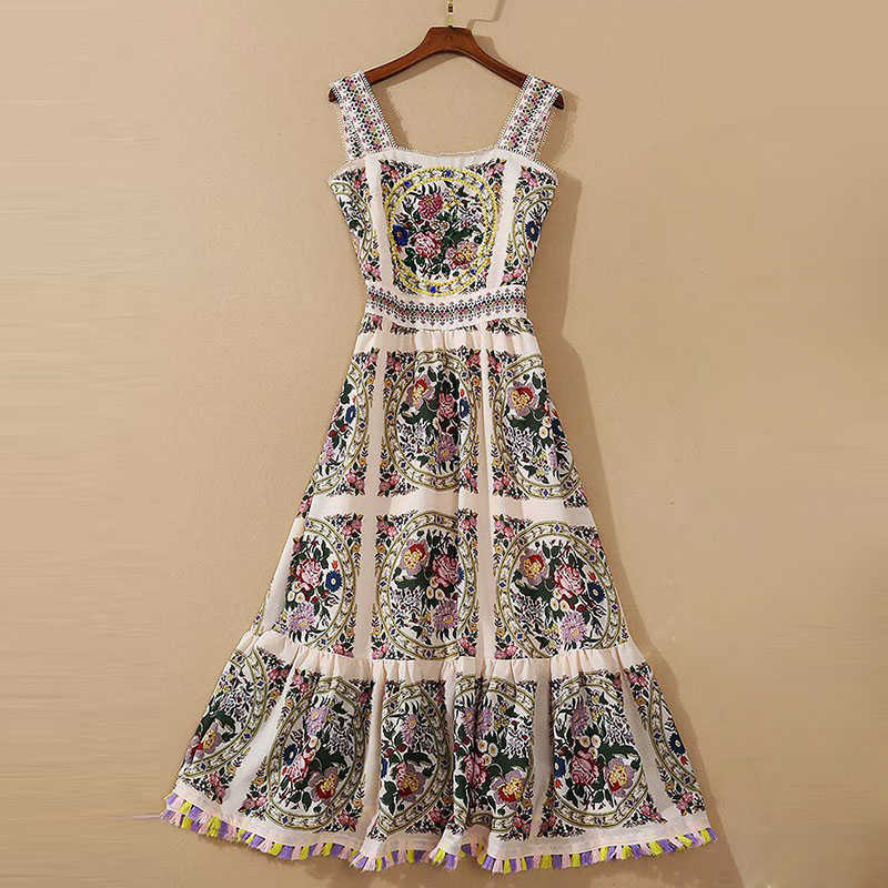 

HIGH QUALITY Designer summer Runway Women' Spaghetti Strap Beading Tassel Floral Print dress 210526, Blue