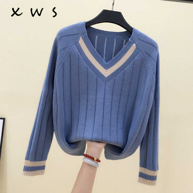 

High Quality V-NECK spring autumn oversized Sweater Pullover Women big size Solid Knitted Sweater casual Female Sweater lazy 210604, Black