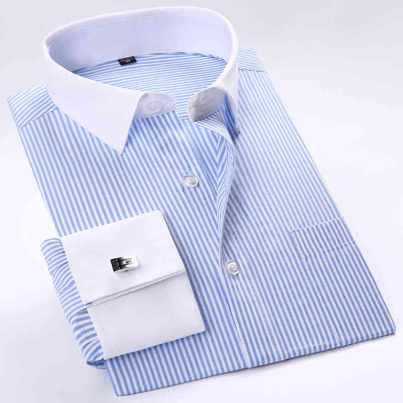 

Men's Business Contrast Collar French Cuff Dress Shirts Single Patch Pocket Regular-fit Long Sleeve Social Wedding Party Shirt 210506, Fs-11