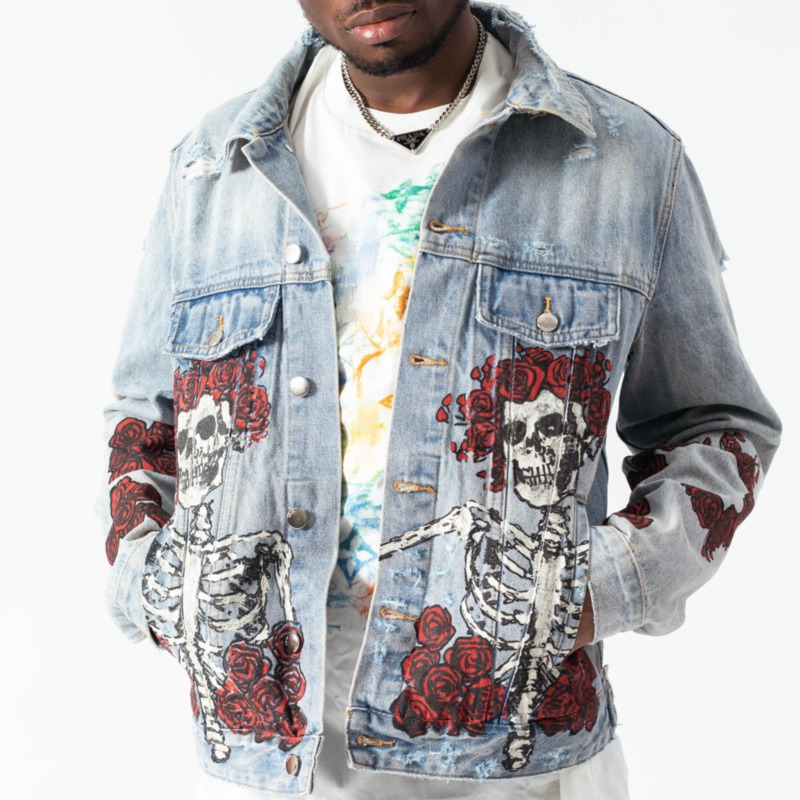 

men's jackets hip-hop personalidade crÃ¢nio impressÃ£o denim jaqueta masculina feminino americano streetwear moda tendÃªncia superior de c, Black;brown