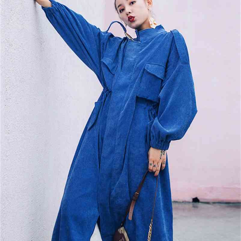 

Blue windbreaker women's Korean style over the knee mid-length spring drawstring waist corduroy jacket 210603