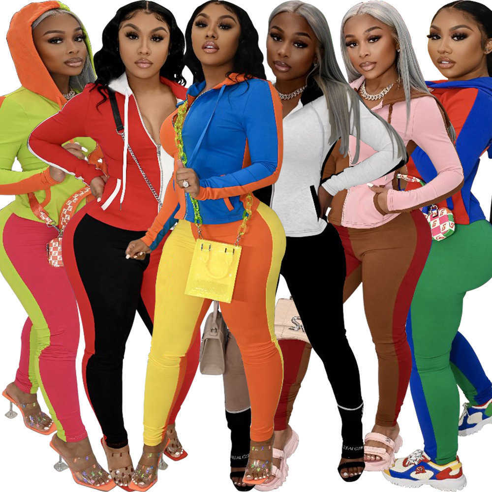 

Women sports tracksuits Designers Clothes 2021 fashion contrast stitching hooded casual two piece set womens sets tracksuit, Orange