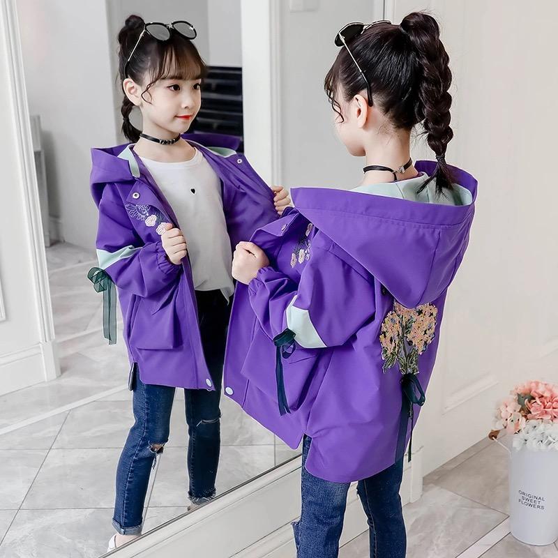 

Jackets Baby Girls Trench Coat Spring Autumn Kids Hooded Jacket Children Fashion Embroidery Mid Length Outwear Casual Clothes, Blue;gray