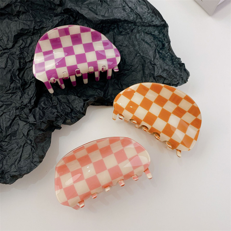 

Yamog European Mixed Color Grid Semicircle Hair Clamps Korean Black White Acetic Acid Shark Claw Clips For Women Female Shower Wash Scrunchies Hairpins Length 8.7 CM