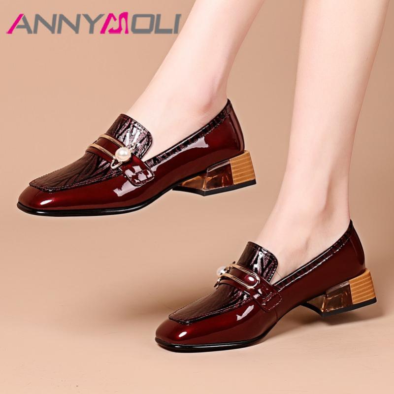 

Dress Shoes ANNYMOLI Real Leather Med Heel Women Cow Square Toe Thick Heels Pearl Metal Decoration Ladies Footwear Wine Red 42, Black