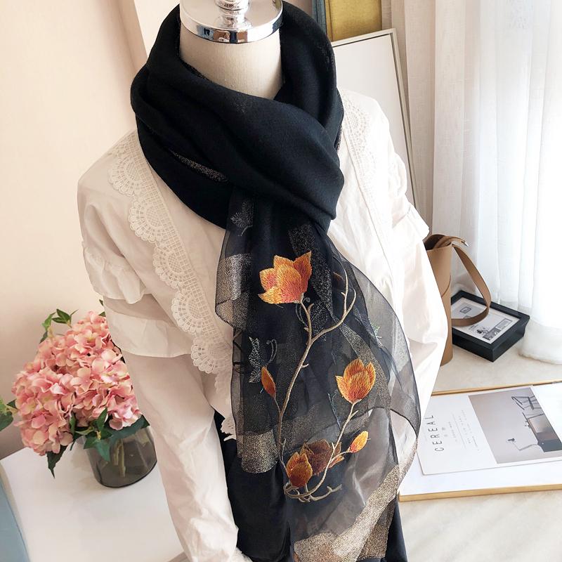 

Hats, Scarves & Gloves Sets Hangzhou China Real Silk Wool Embroidery Magnolia Scarf Women's Shawl Ornament Size:85*200cm(dry Cleaning)